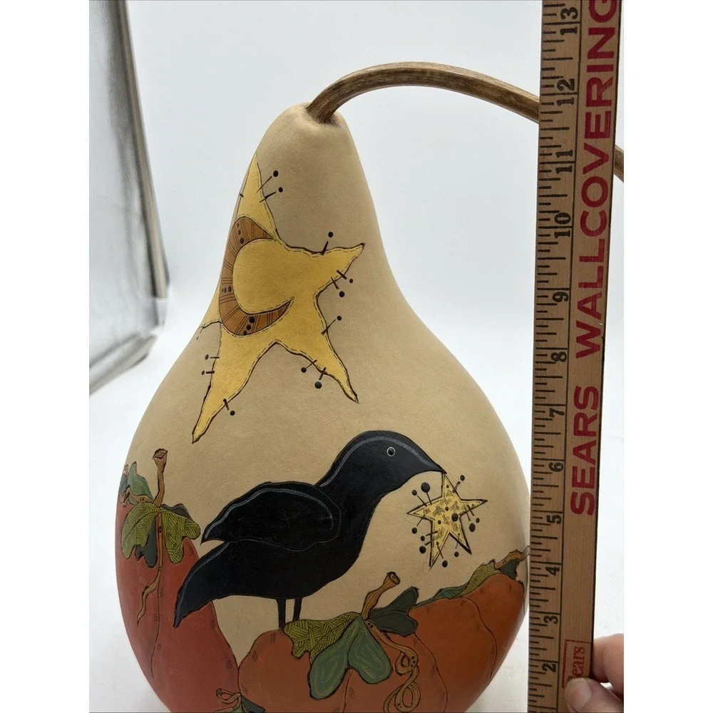 Primitive Hand Painted OOAK By Folk Artist Fall Gourd Crow Pumpkins